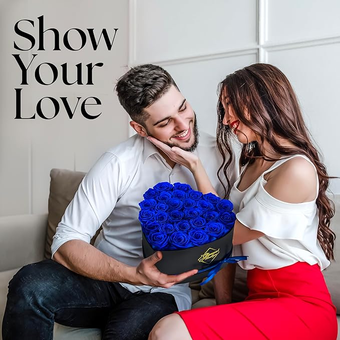 GLAMOUR BOUTIQUE 27 Flower Forever Heart Shape Box - Preserved Roses Gift for Her, Preserved Flowers, Blue