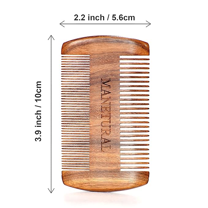 Premium Sandalwood Dual-Action Comb - Double-Tooth Design for Men's Fine & Wide Hair, Mustache Comb, Protective PU Leather Case