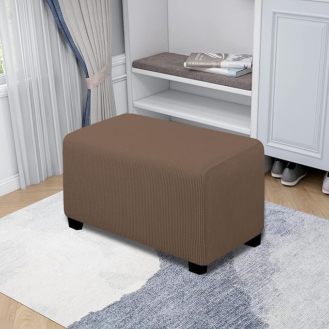 Easy-Going Stretch Ottoman Cover Folding Storage Stool Furniture Protector Soft Rectangle slipcover with Elastic Bottom(Ottoman Small,Brown)