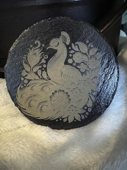 Handcrafted Natural Slate Coasters with Peacock Design, Black Round Stone Drink Coasters, Elegant Floral Pattern, Set of 4