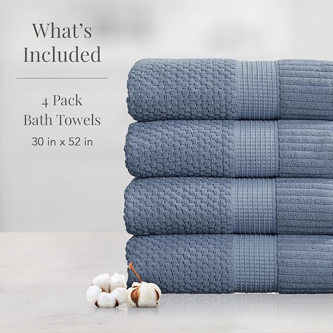 NY Loft 100% Cotton Bath Towel 4 Pack | Super Soft & Absorbent Quick-Dry Bath Towels 30" x 52" |Textured and Durable Cotton | Trinity Collection (4 Pack Bath Towel, Flint Stone)