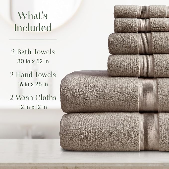 Springtree Home Luxury Bamboo Rayon Bath Towel Set 6 Piece Set | 35% Bamboo Rayon - 65% Cotton | Absorbent Quick-Dry Towels for Bathroom | Oeko-TEX Standard 100 Cotton | Cobblestone