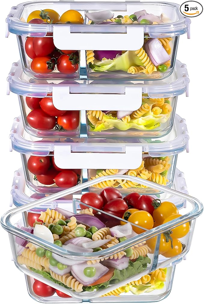 MFY 5-Pack 36 OZ Glass Storage Containers with Lids, Glass Meal Prep Containers 2 Compartment Set, Airtight Lunch Containers with Lids, Microwave, Oven, Freezer and Dishwasher Safe, White