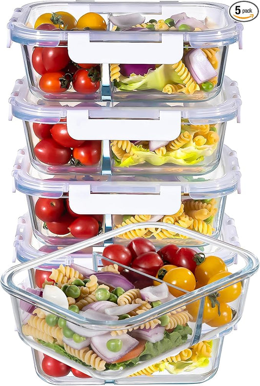 MFY 5-Pack 36 OZ Glass Storage Containers with Lids, Glass Meal Prep Containers 2 Compartment Set, Airtight Lunch Containers with Lids, Microwave, Oven, Freezer and Dishwasher Safe, White