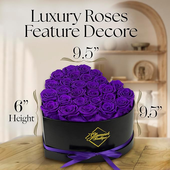 GLAMOUR BOUTIQUE 27 Flower Forever Heart Shape Box - Preserved Roses Gift for Her, Preserved Flowers, Purple