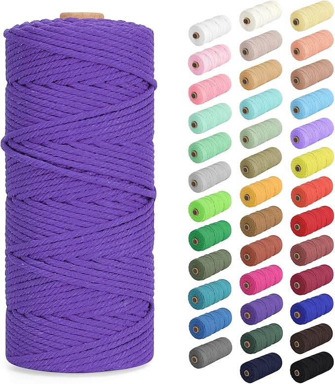 Macrame Cord 3mm x 109Yards (328Feet), Natural Cotton Macrame Rope - 4 Strands Twisted Macrame Cotton Cord for Wall Hanging, Plant Hangers, Crafts, Gift Wrapping and Wedding Decorations, Deep Purple