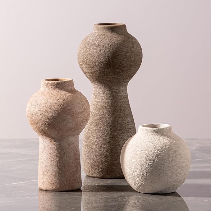 Ceramic Vase Home Table Decor - Flower Vase Set of 3 Living Room Kitchen Decorations Farmhouse Modern Rustic Vases Decorative Centerpiece for Shelf Bedroom Office Bathroom Dining Coffee Desk