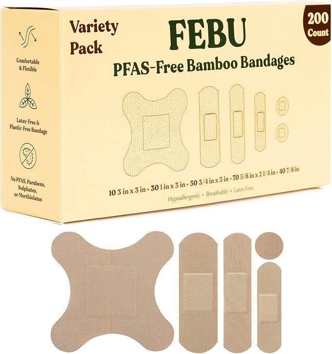 FEBU Eco-Friendly Bamboo Fabric Bandages | PFAS Free Bandages for Scrapes & Cuts | Flexible Fabric Bandage | Fully Compostable, Latex Free Bandage | 200 Count Bulk Variety