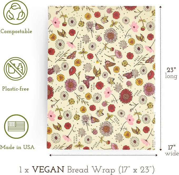 Bee's Wrap Vegan Beeswax Wraps for Food - Bread Wrap - Made in USA Reusable Bread Storage Bags - Organic & Eco-Friendly Alternative to Aluminum Foil, Sourdough Bags & Plastic Wrap, Vegan Meadow Magic