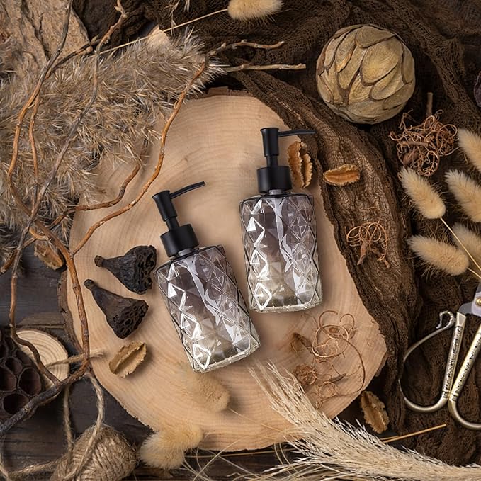 Glass Soap Dispenser with Plastic Pump, 2 Pack 12oz Gradient Diamond Design Black Soap Dispenser for Dishwashing Liquid, Lotion Shower Gel