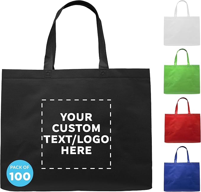 DISCOUNT PROMOS Custom Jumbo Sized Tote Bags Set of 100, Personalized Bulk Pack - Reusable Grocery Bags, Shopping Bags, Promotional Item Totes for Women - Black