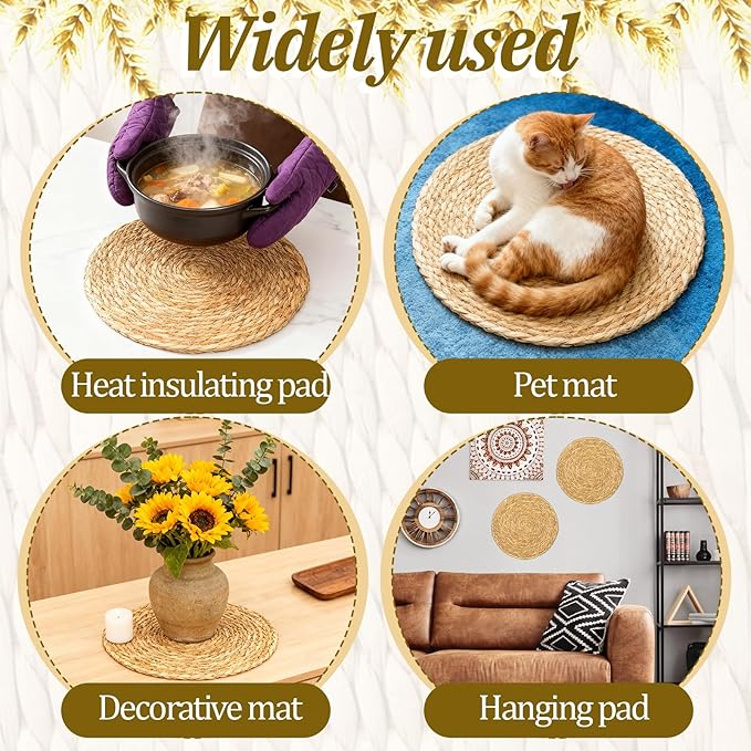 SHENLIU 12 PCS 13.5'' Round Rattan Placemats, Round Woven Placemats Plate, Boho Farmhouse Rustic Woven Place Mats for Dining Table Decor Rustic Home Decor Wedding Reception Farmhouse Christmas