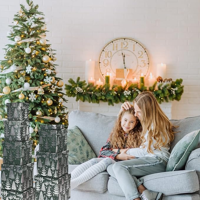 UNIQOOO 5Pcs Green Christmas Gift Box Set with Lid, Assorted Size, Square Silver Xmas Tree Nested Paper Keepsake Boxes, Card Box Tower Organizer Decor, Holiday, Thanksgiving, Party Gift Wrap Packaging
