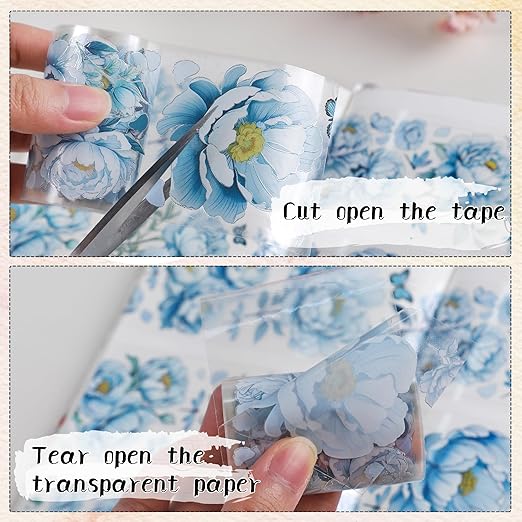 PET Tape Stickers for Journaling - Blue Flower Junk Journal Supplies Scrapbooking Tapes, Aesthetic Peony Flower Bullet Scrapbook Journal Stickers Tape, Decorative Tapes for Art Crafts