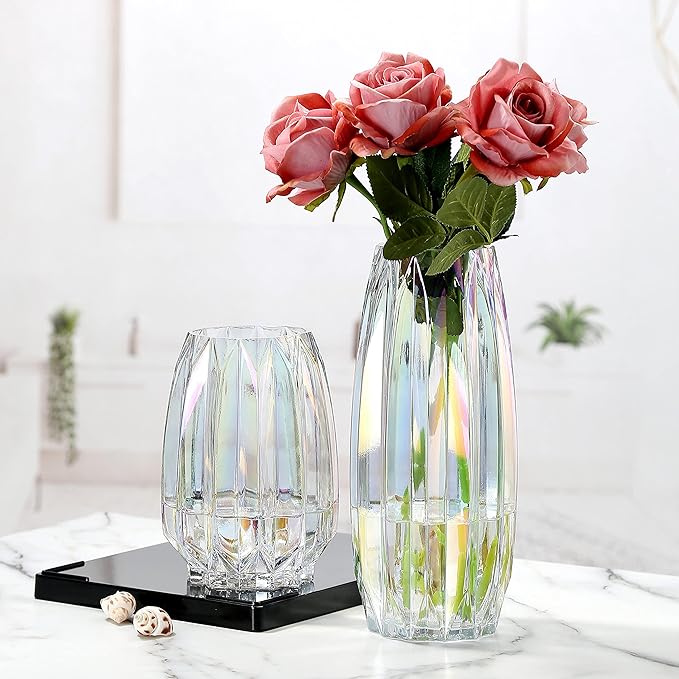 Glass Vase - Modern Ribbed Glass Vase for Flowers, Candles, and Decorative Accents -Black Grey, Amber, Clear and Colored Tall/Short Glass Vase for Centerpieces Home Table Decor (Colored, H-11.8inch)
