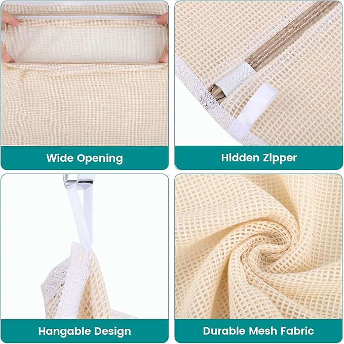 4Pcs Durable Cotton Mesh Laundry Bags for Delicates, 12×16inch Breathable Laundry Mesh Wash Bags with Sturdy Zipper for Delicates, Clothes, Pants, Underwear, Bra, Socks (M)
