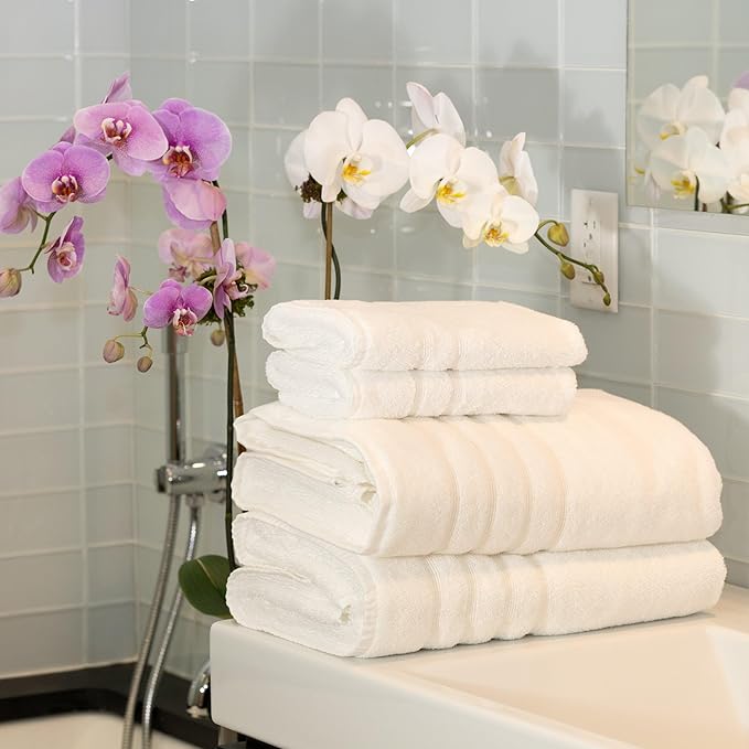 Mosobam Luxury Turkish 4pc XL Towel Set 35X70 16X30 White 700 GSM Bamboo Viscose & Aegean Turkish Combed Cotton