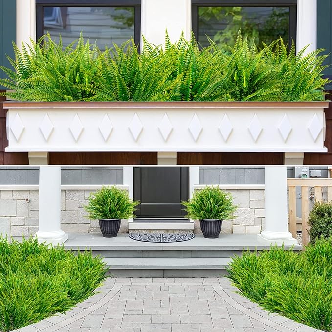 Ouddy Decor 12 Bundles Artificial Boston Ferns Artificial Plants Outdoor Greenery Stems Faux Shrubs UV Resistant for Garden Front Porch Table Window Box Home Decorations