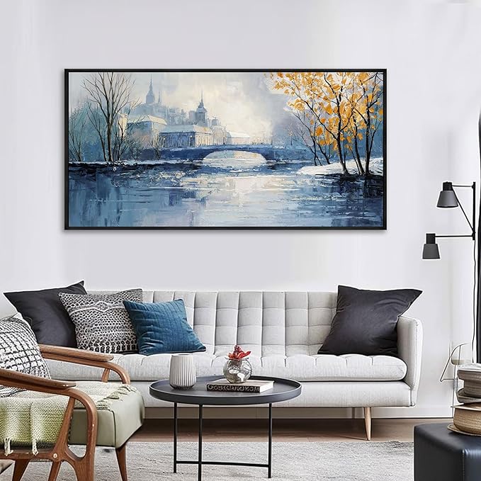 yiijeah Paintings Wall Decor - Wall Frames for Living Room Decorations Abstract Canvas Wall Art Blue and White Extra Large Artwork for Bedroom Office Home Decoration