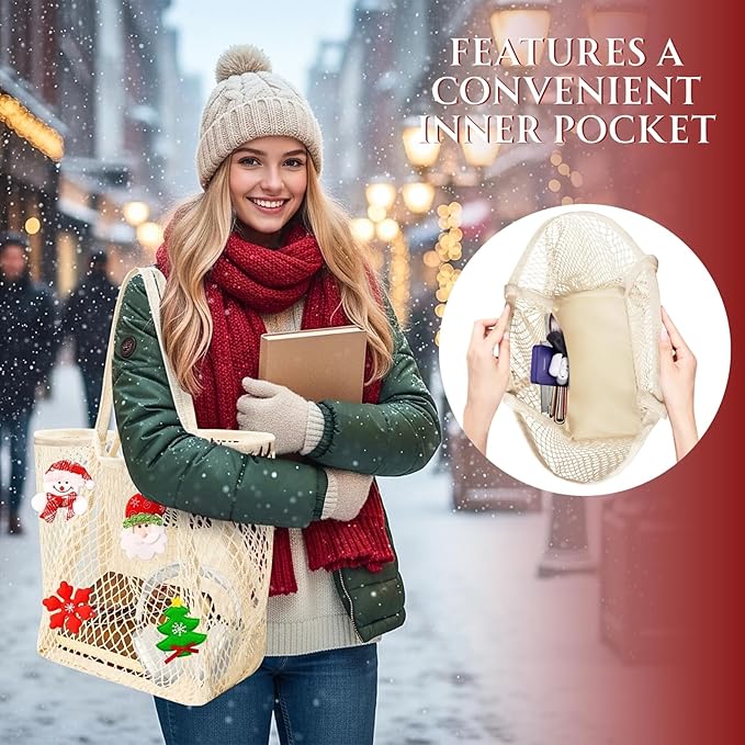 Ofiray-home Cotton Christmas Tote Bag for Woman, Reusable Mesh Grocery Bags with Handles, Greeting Card, Ideal Xmas Gift