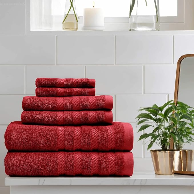 Hearth & Harbor Bath Towels for Bathroom - 100% Ring Spun Cotton Luxury Bathroom Towels - Soft & Highly Absorbent Bath Towels Set, 6 Piece Set, Red