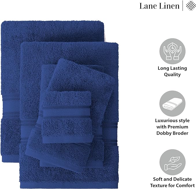 LANE LINEN Luxury Bath Towels Set - 6 Piece Set, 100% Cotton Bathroom Towel, Zero Twist, Quick Dry Shower Towels, Extra Soft Absorbent Towel, 2 Bath Towels, 2 Hand Towels, 2 Wash Cloths - Navy