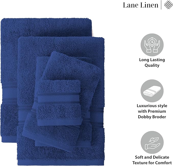 LANE LINEN Luxury Bath Towels Set - 3 Piece 100% Cotton Bathroom Towels, Quick Dry, Extra Aborbent, Super Soft Towels Set 1 Hand Towel, 1 Wash Cloths, 1 Bath Towel, Navy Blue