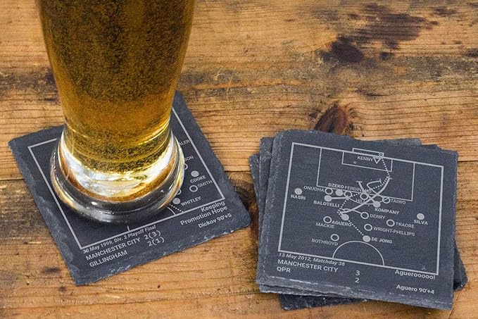 Greatest Man City Plays: Slate Coasters (Set of 4) | Best Gift Idea for Sports Lovers | Man City Historic Moments Gifts