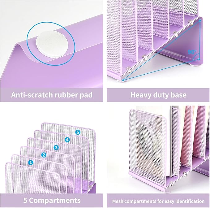 File Organizer for Desk, Desk Organizer with 5-Section Vertical File Rack, File Folder Organizer (Purple)