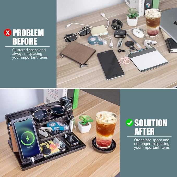 Black Wood Phone Docking Station - Wood Charging Station Organizer Stand, Bedside Nightstand Organizer for Men and Women, Holds Phone, Tablet, Keys, Glasses, EDC and more