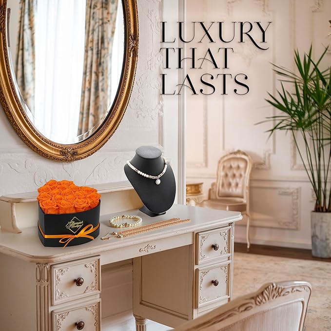 GLAMOUR BOUTIQUE 16 Flower Forever Heart Shape Box - Preserved Roses Gift for Her, Preserved Flowers, Orange