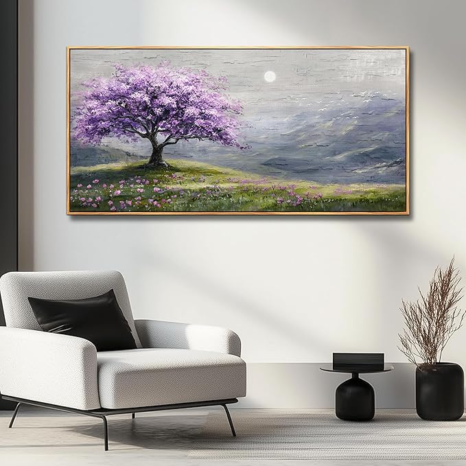 FUHAIHUA Large Wood Framed Wall Decor For Living Room Canvas Wall Art For Office Modern Wall Decorations For Bedroom Purple Tree Painting Farmhouse Pictures Artwork Room Home Decor 24x48 In