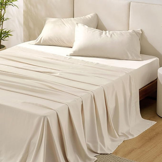 Bedsure Queen Sheet Set, Rayon Derived from Bamboo, Cooling Sheets, Breathable & Soft, Deep Pocket Up to 16", Hotel Luxury Silky Bedding for Hot Sleepers, Light Beige
