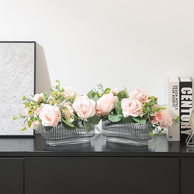 Ribbed Glass Vases, Small Vases for Flowers Set of 2, Black Glass Vase for Centerpieces, Rectangle Bud Vases for Living Room, Bedroom, Kitchen, Dining Table, Shelf, Wedding