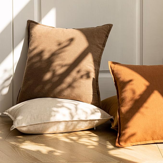 Foindtower Pack of 2, Decorative Linen Soild Throw Pillow Covers Soft Accent Cushion Case Boho Farmhouse Neutral Pillowcase for Chair Couch Sofa Bedroom Living Room Home Decor 26 x 26 Inch Light Brown