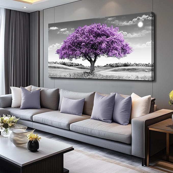 Large Canvas Wall Art for Living Room Wall Decor for Office Aesthetic Bedroom Wall Decorations Purple Tree Landscape Painting Black and White Pictures Artwork Room Modern Home Decor
