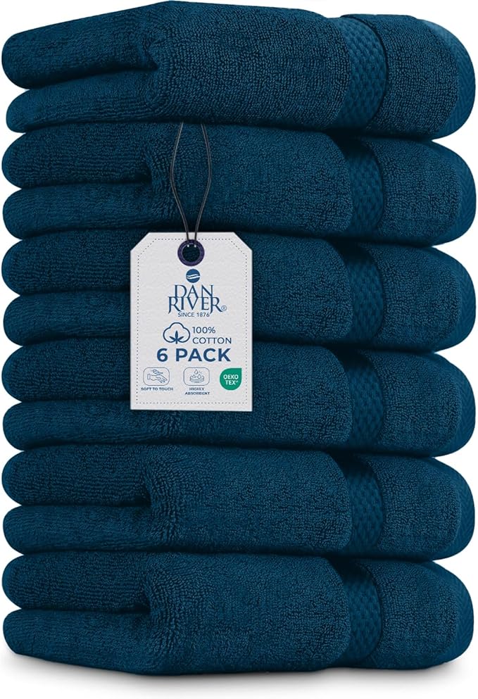DAN RIVER 6-Pack Premium Hand Towels (16x28 Inches) - 100% Cotton, Ultra Soft, Lightweight, Highly Absorbent Towels for Bathroom, Spa, Gym, Salon, Hotel, and Travel - 550 GSM,Opal Blue