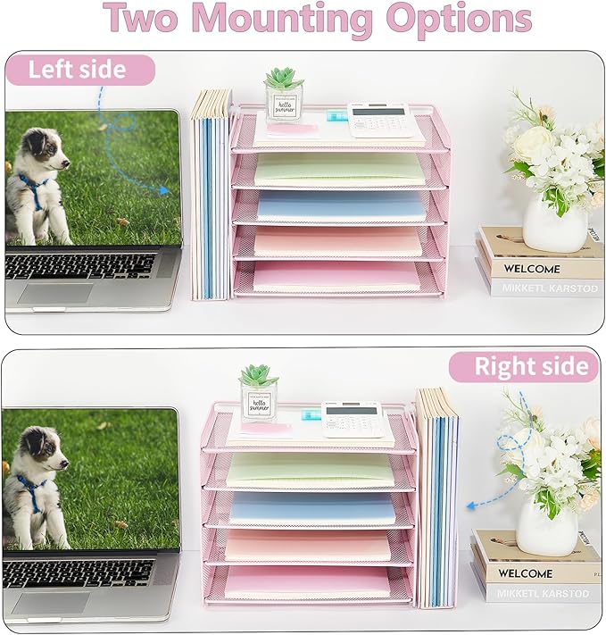 OPNICE 5-Tier Paper Organizer with Magazine Holder, Desk Organizers and Accessories, Office Desk Accessories & Workspace Organizers, Desktop File Organizer for Office Supplies Storage, Pink