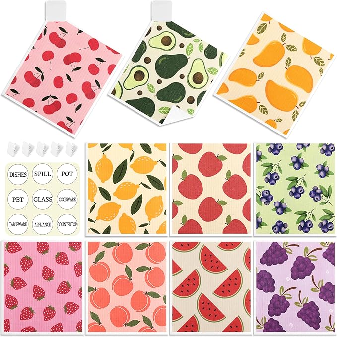 10 Pack Swedish Dishcloths for Kitchen- Reusable Paper Towels Washable Swedish Cloths Fruit Prints Dish Wipes with Adhesive Clips- Super Absorbent Fast Drying Kitchen Sponge for Cleaning Dishes