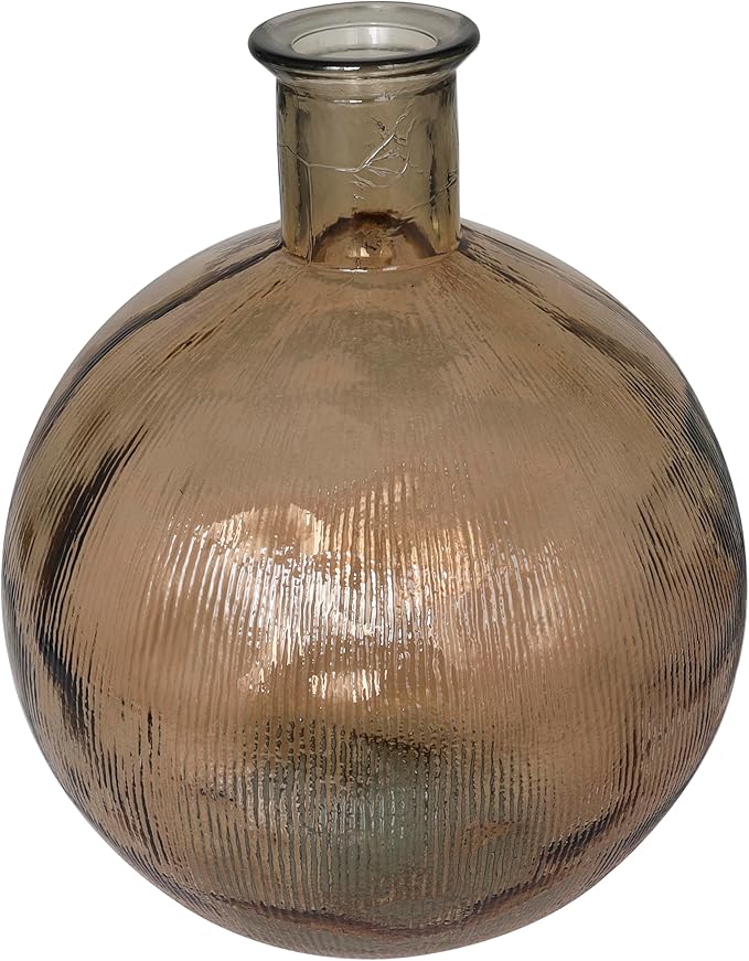 Deco 79 Recycled Glass Handmade Decorative Vase Spanish Bottle Neck Ribbed Centerpiece Vase, Flower Vase for Home Decoration 13" x 13" x 17", Brown