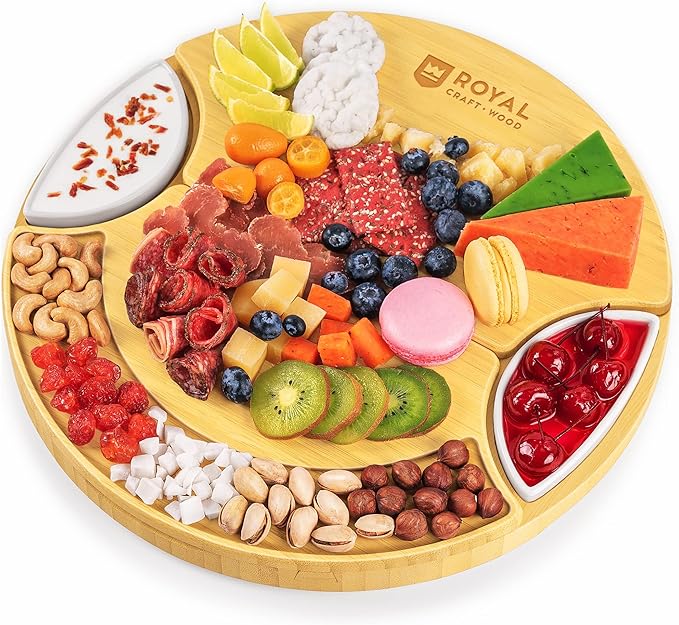 ROYAL CRAFT WOOD Large Round Cheese Board and Knife Set - Charcuterie Board, Bamboo Cheese Board Set, Cheese Tray Set, Wooden Cheese Plate Set 13.7 Inch