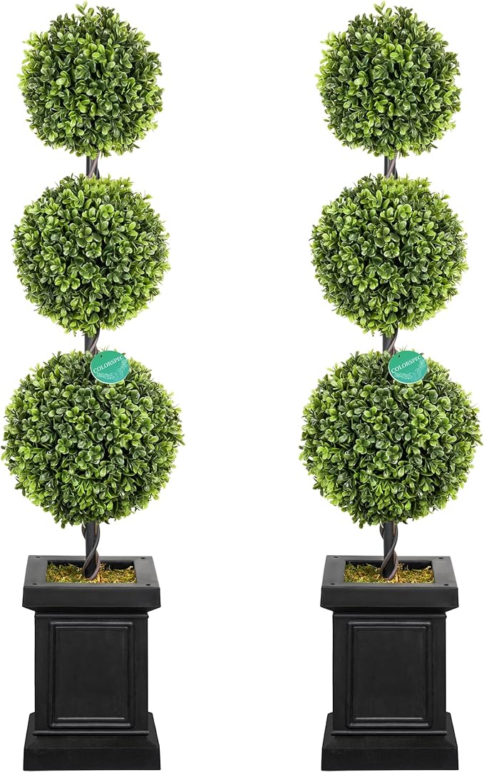 Artificial Topiary Outdoor Set of 2, 3.5ft Boxwood Outdoor Porch Trees, All-Year Green Fake Plant Topiary Trees Artificial Outdoor with Sturdy Pot for Porch Outdoor Indoor (Ball)