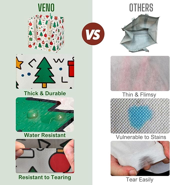 VENO 4 Pack Christmas Reusable Grocery Bags, Heavy-Duty Shopping Bags with Handles, for Shopping Cart with Hard Bottom to Stand Upright, Foldable (Jingle Mix, 4 Pack)