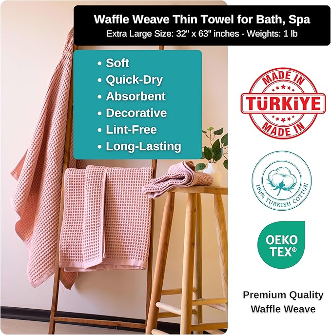 PÜSKÜL Premium Waffle Bath Towels Set of 2 - Organic 100% Turkish Cotton Bath Towel - Quick Dry, Absorbent, Light, Thin, 32x63 Large Waffle Towels for Bathroom (Pink Powder Bath Towels - Pack of 2)