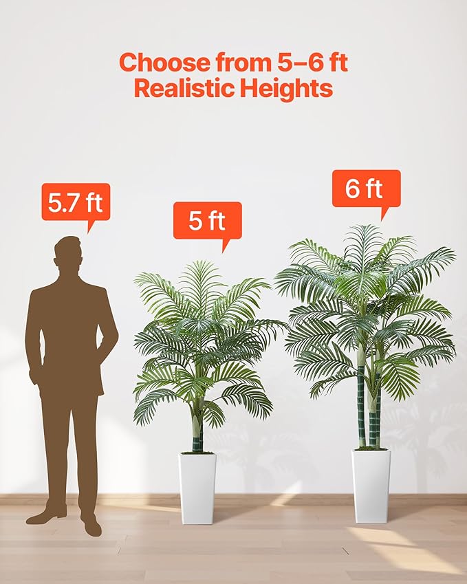 VEVOR Artificial Areca Palm Tree 5 ft, Fake Palm Tropical Plants with White Tall Planter, Faux Floor Silk Plant in Pot, Large Trees for Home Office Living Room Decor House Warming, Indoor Outdoor