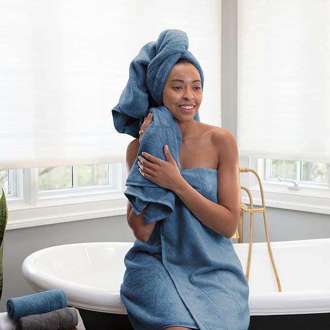 Aston & Arden Aegean Terry Bath Towels - Set of 2 - Ringspun Turkish Cotton Thick and Soft Absorbent Luxury Hotel and Spa Bathroom Towel, 600 GSM, 30 x 60 in, Copen Blue
