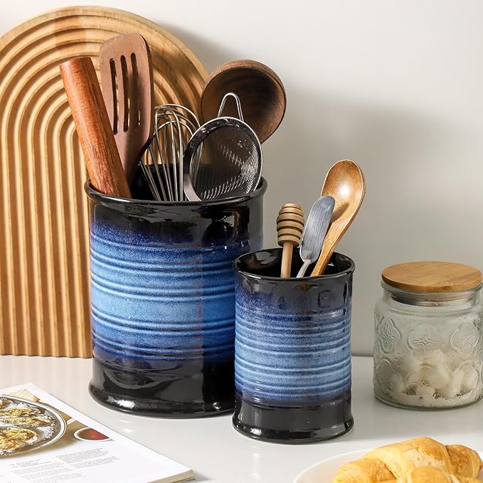 Nihow Utensil Holder: 7.2"+6.4" Ceramic Kitchen Utensil Holder for Countertop, Large Cooking Utensil Crocks for Kitchen Counter, Morden Utensil Organizer for Spatula, Set of 2, Elegant Blue & Black