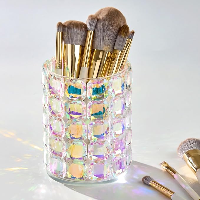 Crystal Makeup Brush Holder Organizer,Vanity Bathroom Canisters,Glass Toothbrush Holders for Bathroom,Pen Holder for Office,Bling Vanity Organizer and Storage