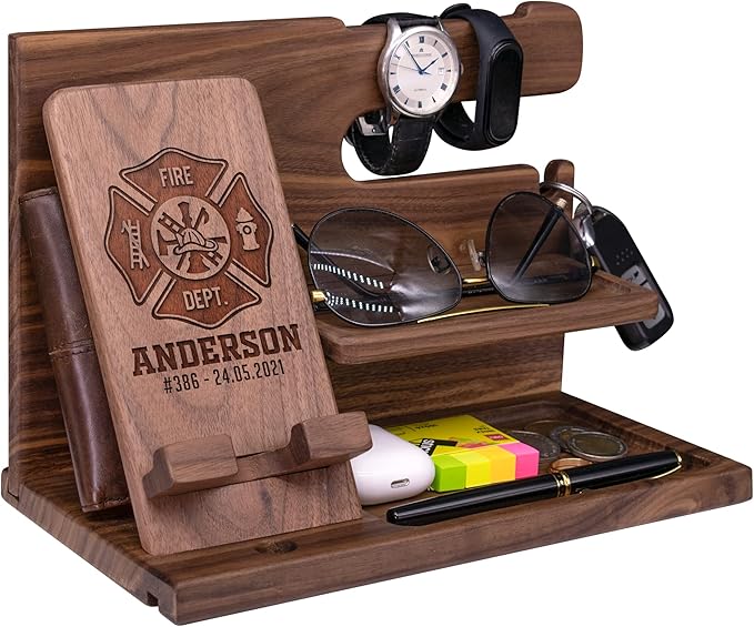 Personalized Firefighter Gifts for Men - Elegant Nightstand Organizer & Phone Docking Station to Keep Fireman Accessories Organized - Unique Firefighter Gifts, Gift for Fireman Fire Chief Captain