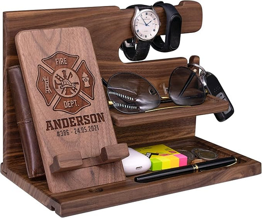 Personalized Firefighter Gifts for Men - Elegant Nightstand Organizer & Phone Docking Station to Keep Fireman Accessories Organized - Unique Firefighter Gifts, Gift for Fireman Fire Chief Captain